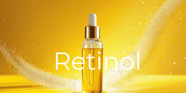 Frasco de sérum amarelo no centro com design decorativo subindo pelos dois lados, fundo amarelo e o texto 'Retinol' destacado. "Reduzir rugas e prevenir linhas"