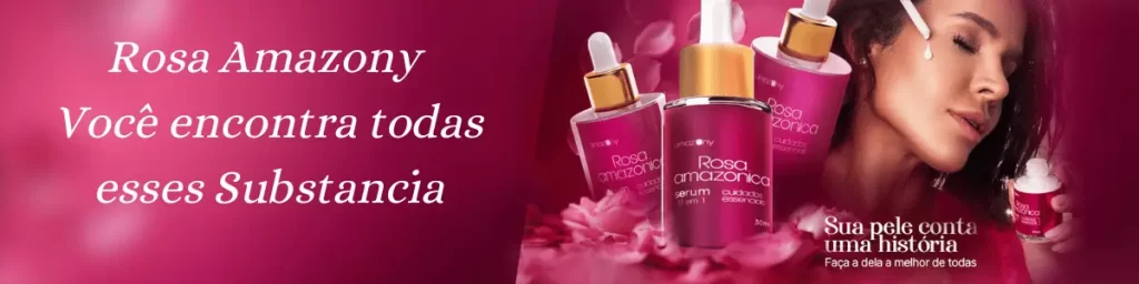 "Post promocional com fundo rosa escuro, três frascos de Rosa Amazony no centro, a frase 'Você encontra todas essas substâncias' do lado esquerdo, o rosto de uma mulher aplicando o sérum no lado direito, e um botão rosa escrito 'Rosa Amazony' na parte inferior." "Reduzir rugas e prevenir linhas"