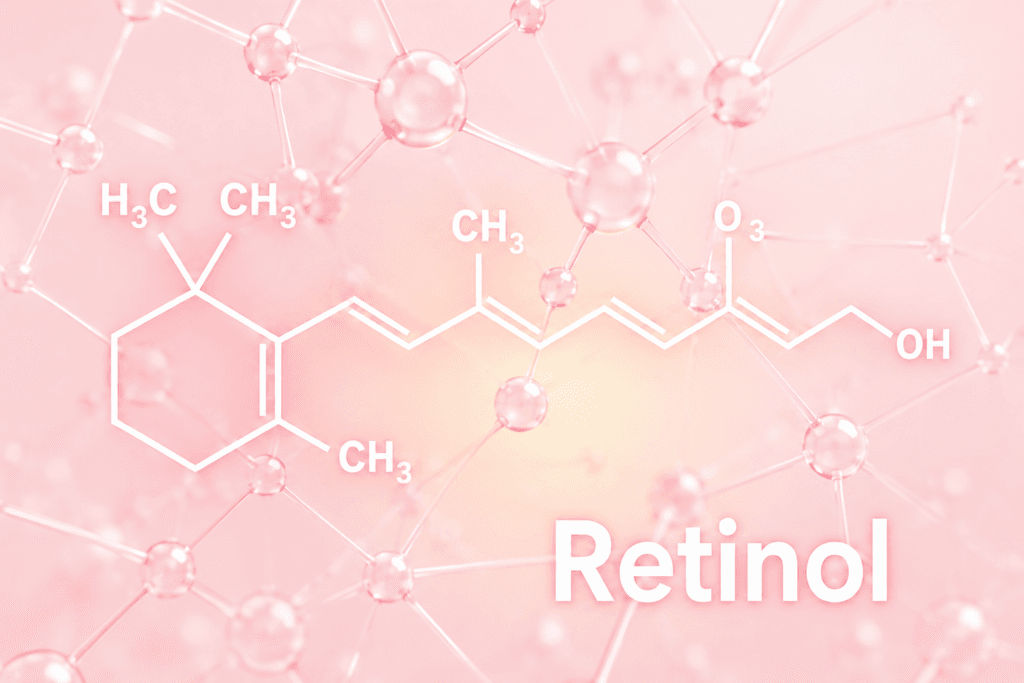 "Representação da estrutura química do retinol, destacando sua ação científica na redução de rugas e renovação celular."
