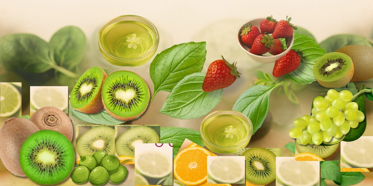 "Seleção de alimentos saudáveis, incluindo frutas cítricas, morangos, salmão, abacate, vegetais verdes e nozes, que ajudam a estimular a produção de colágeno e melhorar a saúde da pele."
