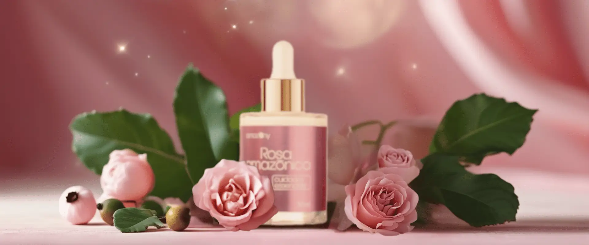 Frasco de Sérum Facial Rosa Amazony entre rosas, simbolizando rejuvenescimento e autocuidado.