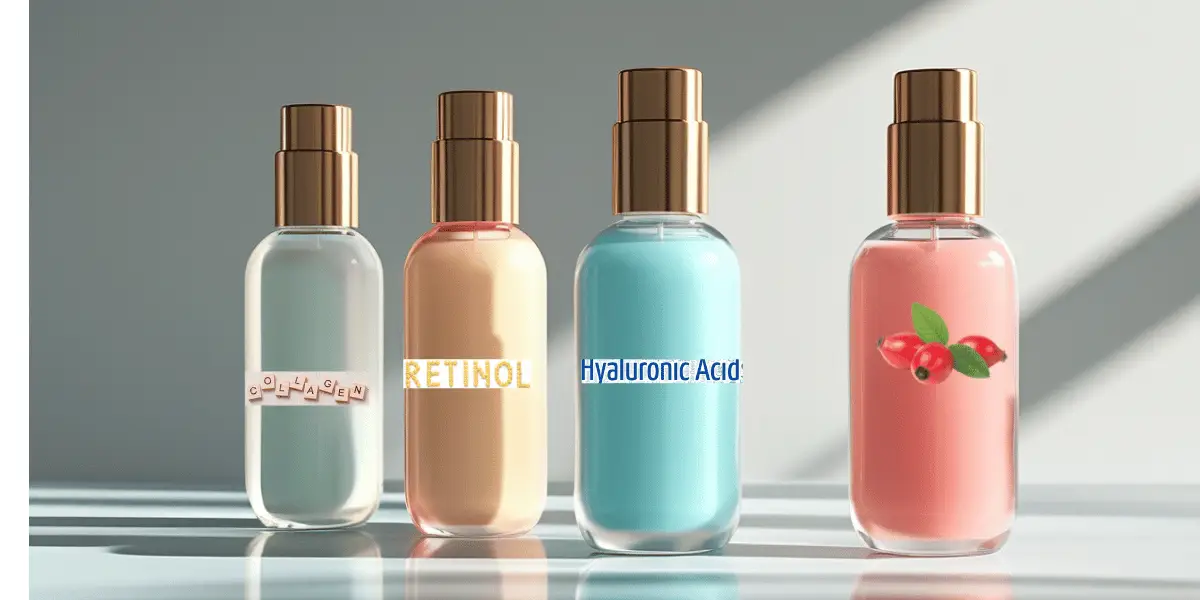 Frascos de skincare contendo Retinol, Vitamina A, Ácido Hialurônico e Rosa Mosqueta, ideais para renovar e rejuvenescer a pele.