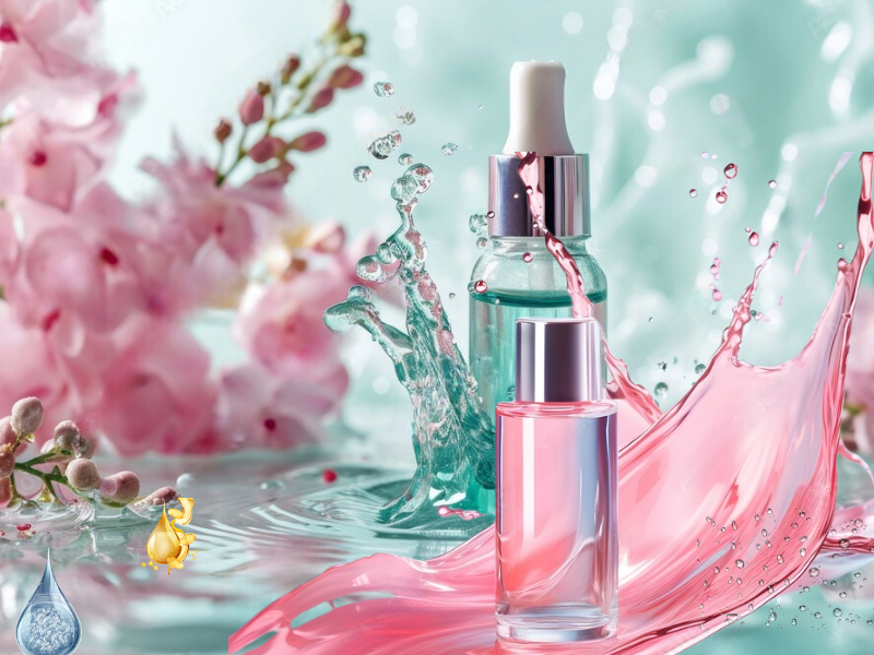 IImagem de um frasco de sérum com ácido hialurônico ao lado de flores de rosa mosqueta e ampolas de retinol, simbolizando os benefícios hidratantes e anti-idade para rugas e linhas de expressão.
