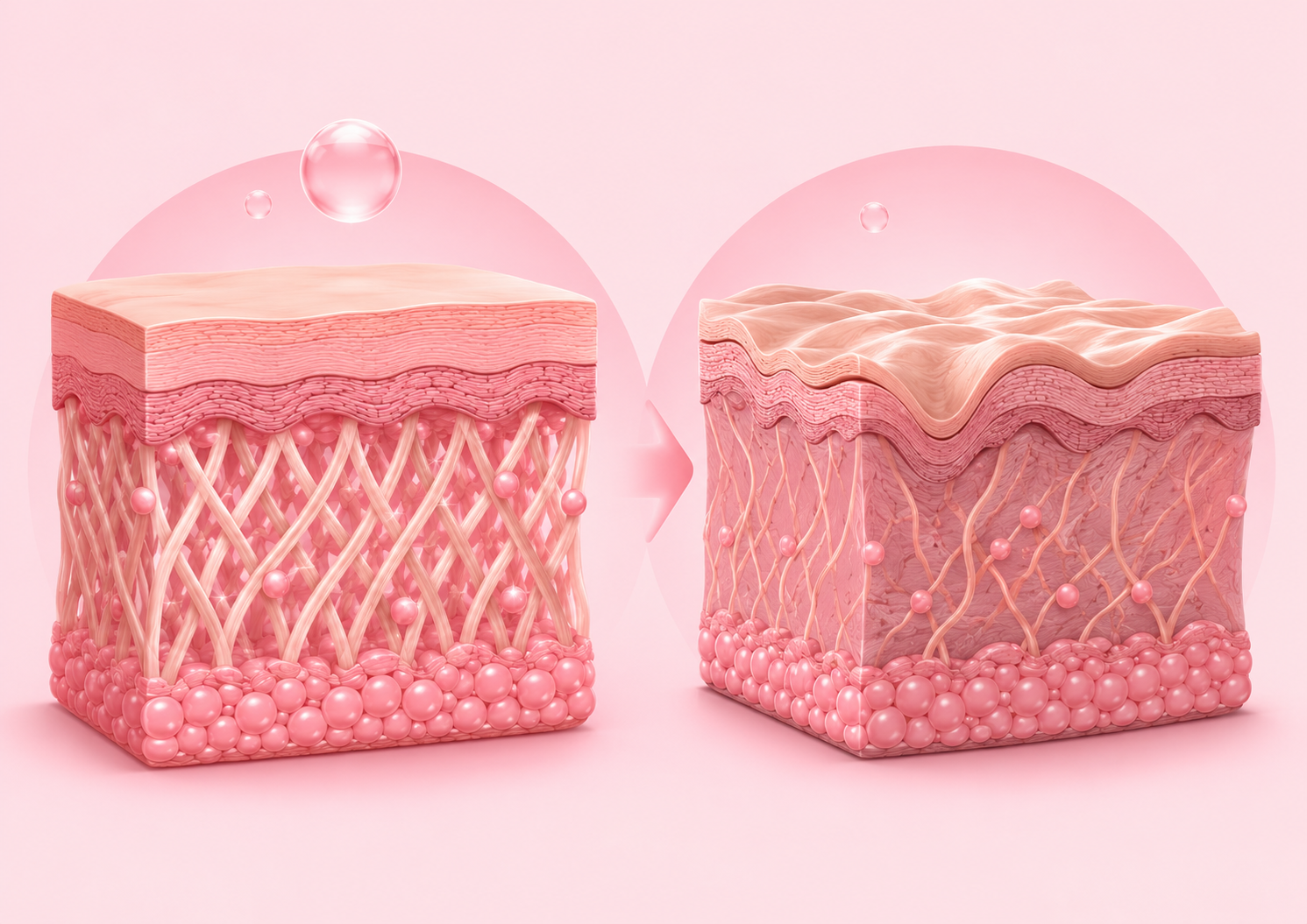 "Ilustração científica mostrando a ação do retinol na pele, destacando a restauração de fibras de colágeno e elastina para combater sinais de envelhecimento."