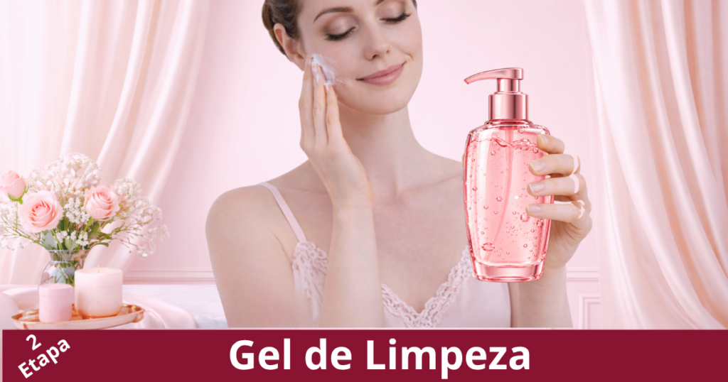 Gel de limpeza facial para rugas sendo aplicado na mão antes do uso no rosto em rotina de skincare