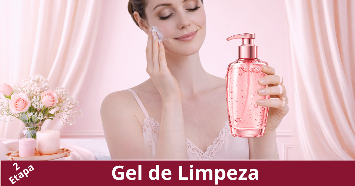 Gel de limpeza facial para rugas sendo aplicado na mão antes do uso no rosto em rotina de skincare