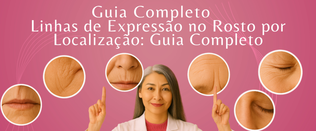 Linhas de Expressão marcando a pele em diferentes regiões do rosto, como testa, olhos e boca.