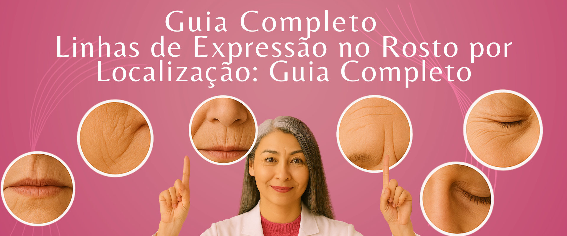 Linhas de Expressão marcando a pele em diferentes regiões do rosto, como testa, olhos e boca.