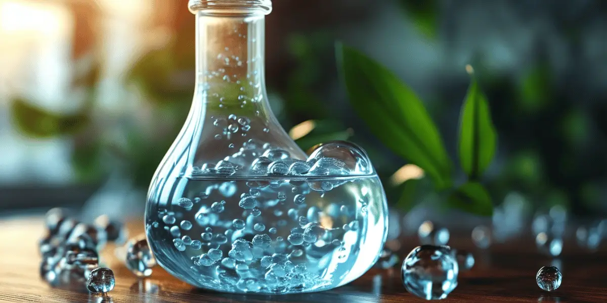 Imagem de um frasco transparente com ácido hialurônico, apresentando bolhas em um ambiente natural, simbolizando hidratação e renovação da pele.