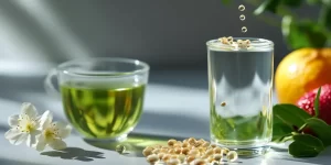 Cápsulas de Colágeno Verisol ao lado de um copo com líquido transparente, chá verde e frutas frescas, representando saúde e cuidados com a pele