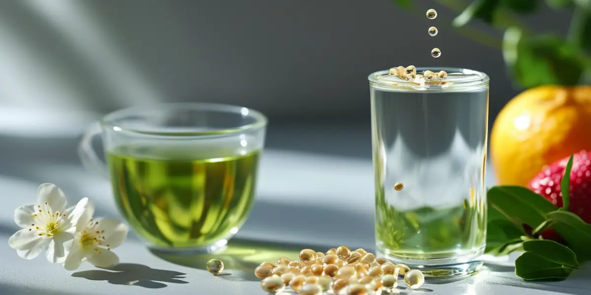 Cápsulas de Colágeno Verisol ao lado de um copo com líquido transparente, chá verde e frutas frescas, representando saúde e cuidados com a pele