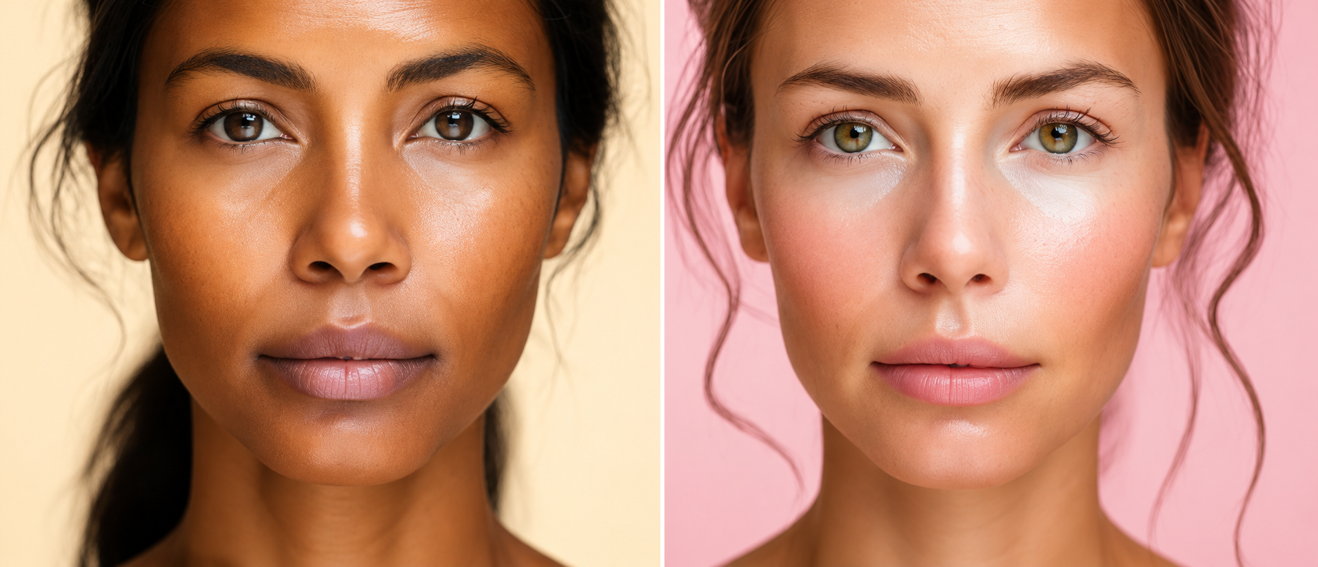 Close de dois rostos femininos com pele saudável, mostrando o impacto do cuidado com linhas de expressão e o uso de retinol.