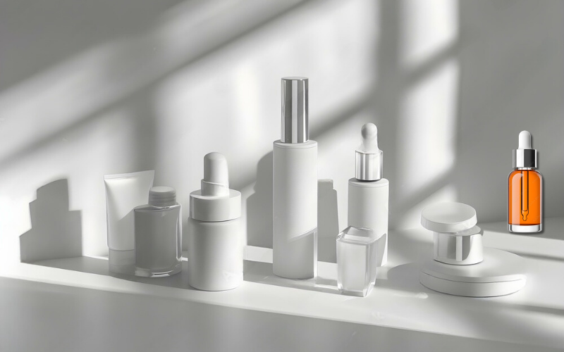 Conjunto de produtos de skincare com foco em retinol, incluindo frascos de séruns e cremes, ideais para reduzir rugas no rosto e melhorar a textura da pele.