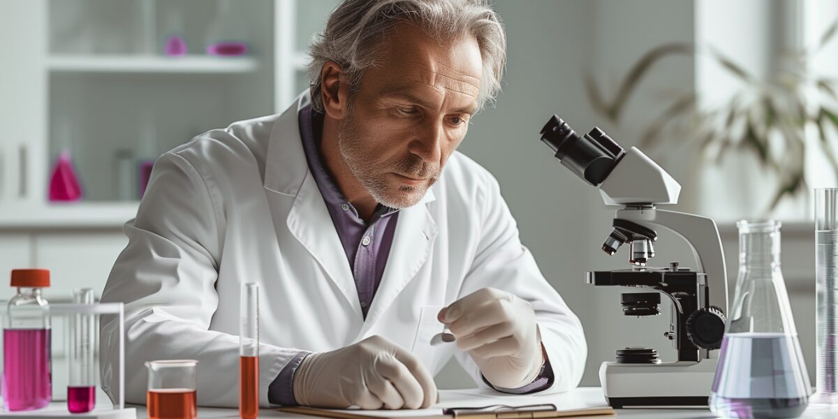 "Cientista em laboratório analisando amostras sob um microscópio, representando estudos sobre os efeitos do colágeno na elasticidade da pele e na redução de rugas."