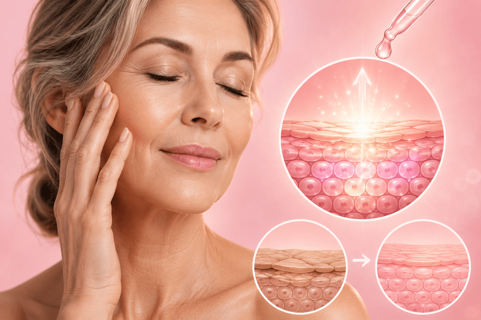"Imagem mostrando o impacto do retinol na pele madura, com uma metade do rosto apresentando regeneração celular e outra com sinais de danos cutâneos."