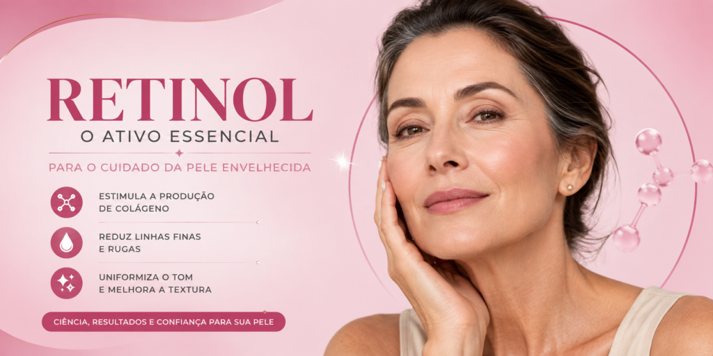 "Mulher madura tocando o rosto, destacando os sinais do envelhecimento, como rugas e flacidez, que podem ser tratados com retinol."