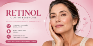 "Mulher madura tocando o rosto, destacando os sinais do envelhecimento, como rugas e flacidez, que podem ser tratados com retinol."