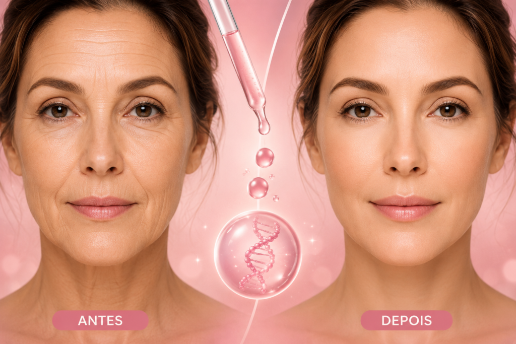Ilustração detalhada mostrando os efeitos do retinol na pele, incluindo a regeneração do colágeno, ativação dos fibroblastos e melhora da firmeza e elasticidade facial.