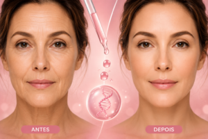 Ilustração detalhada mostrando os efeitos do retinol na pele, incluindo a regeneração do colágeno, ativação dos fibroblastos e melhora da firmeza e elasticidade facial.