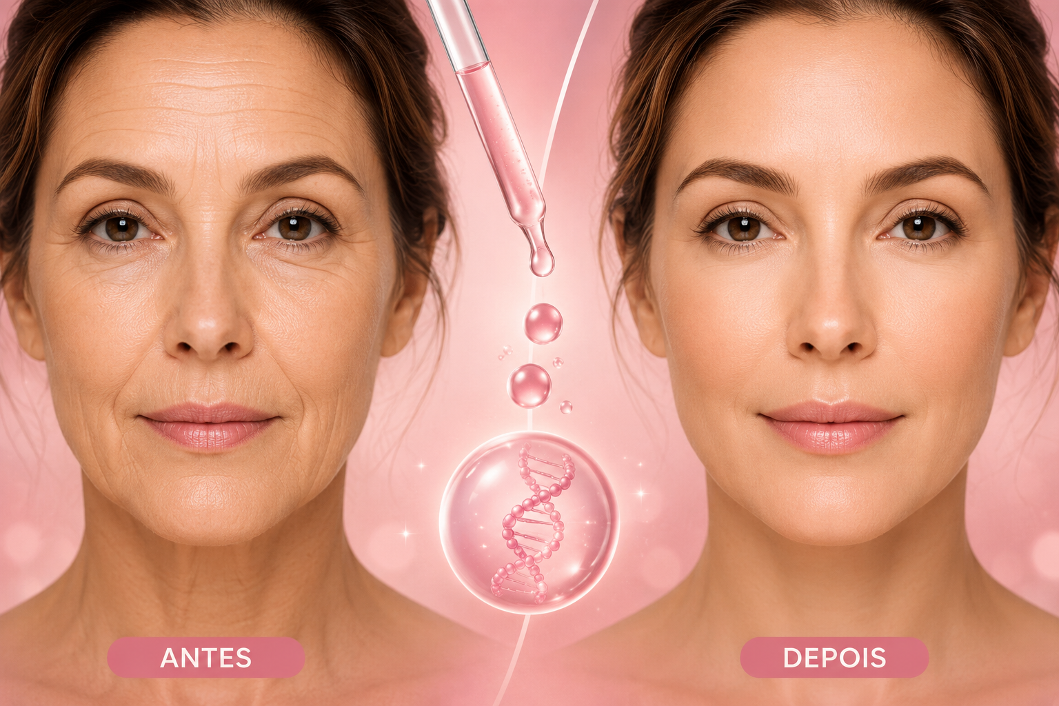 Ilustração detalhada mostrando os efeitos do retinol na pele, incluindo a regeneração do colágeno, ativação dos fibroblastos e melhora da firmeza e elasticidade facial.