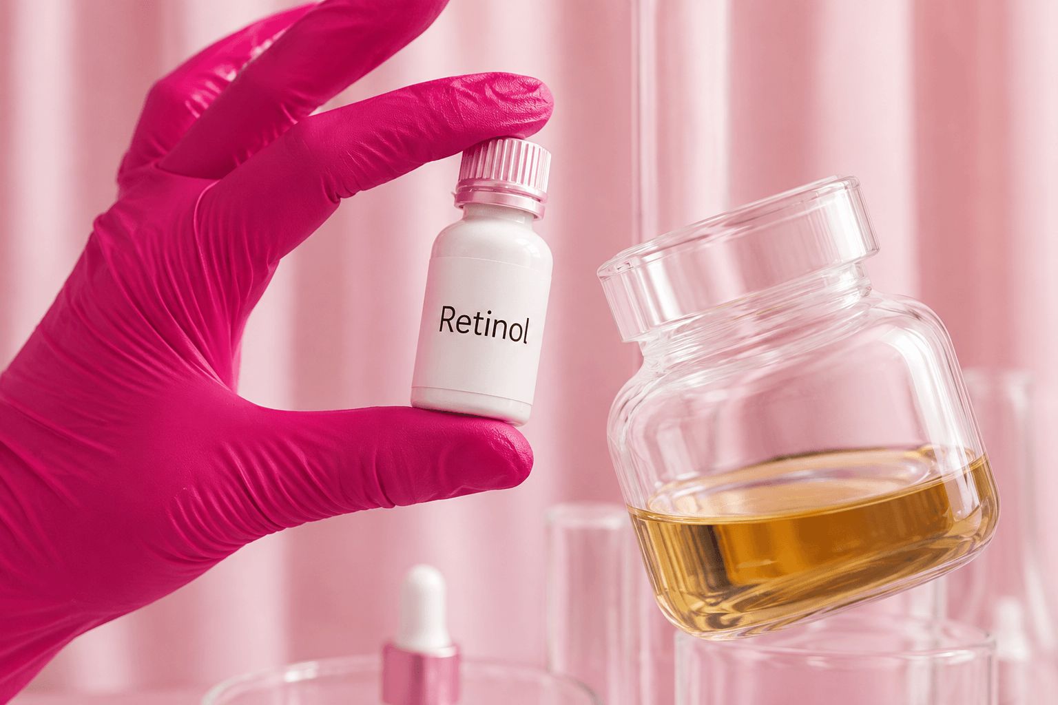 "Mão com luva segurando um frasco de retinol, representando a ciência por trás do ativo e sua eficácia na redução de rugas."