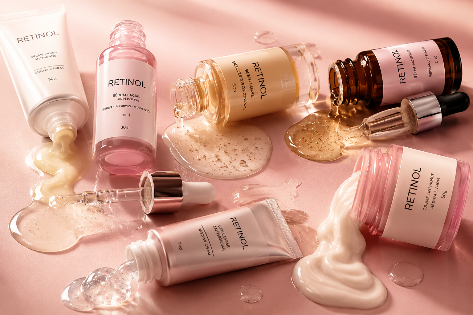 Frasco de retinol ao lado de uma tigela com ingredientes naturais em pó, simbolizando a pureza e eficácia na renovação da pele e estimulação do colágeno.