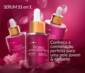 Três frascos do Sérum Rosa Amazonica 11 em 1, promovendo cuidados essenciais para uma pele renovada e jovem.