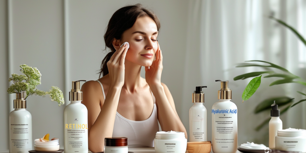 Mulher aplicando cuidados faciais em meio a produtos anti-idade, incluindo ácido hialurônico, retinol e rosa mosqueta, simbolizando uma rotina de skincare completa para rugas e linhas de expressão.