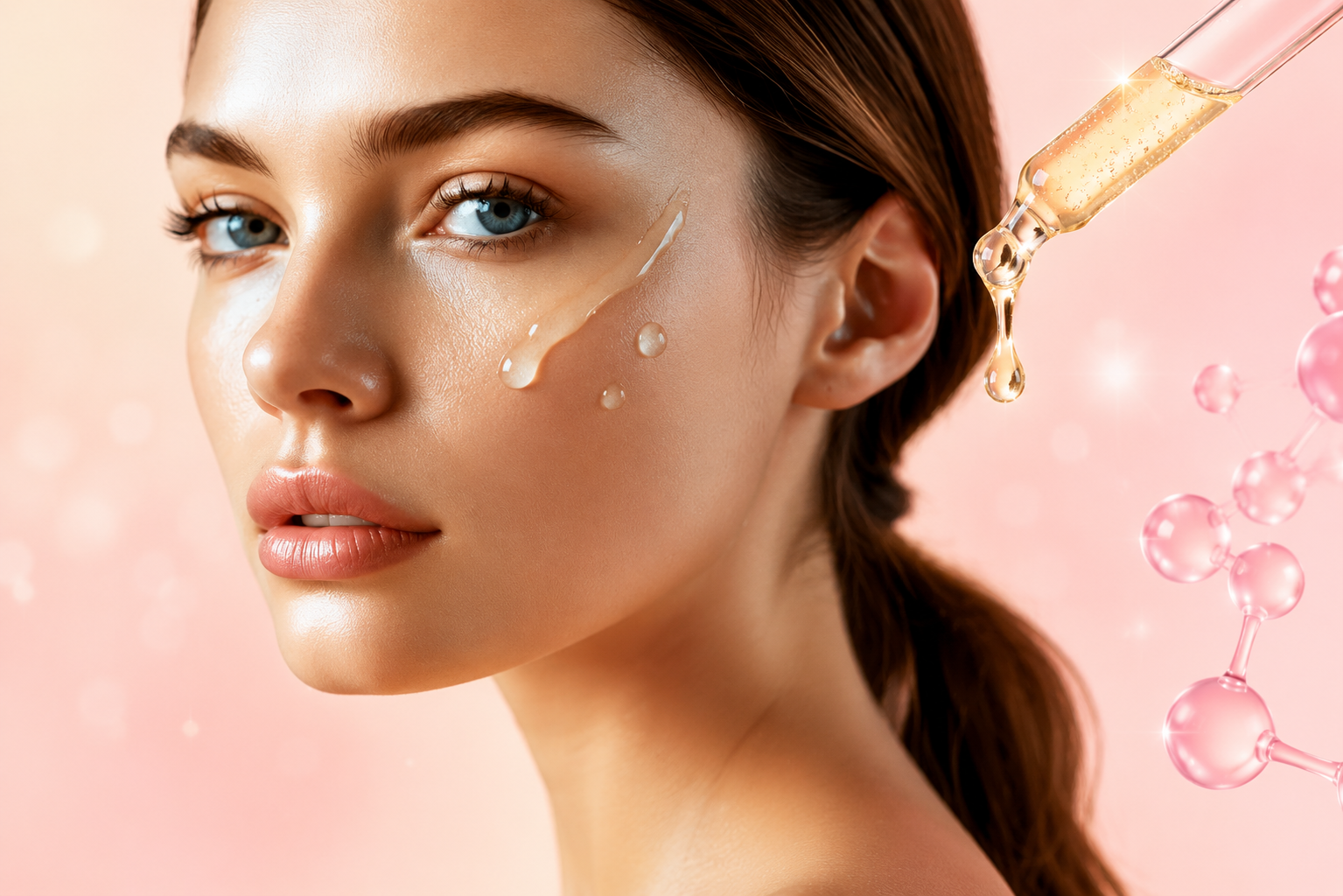 Gotas de sérum de retinol caindo na palma da mão, representando o cuidado com a pele e os benefícios do retinol na estimulação de colágeno e renovação celular.