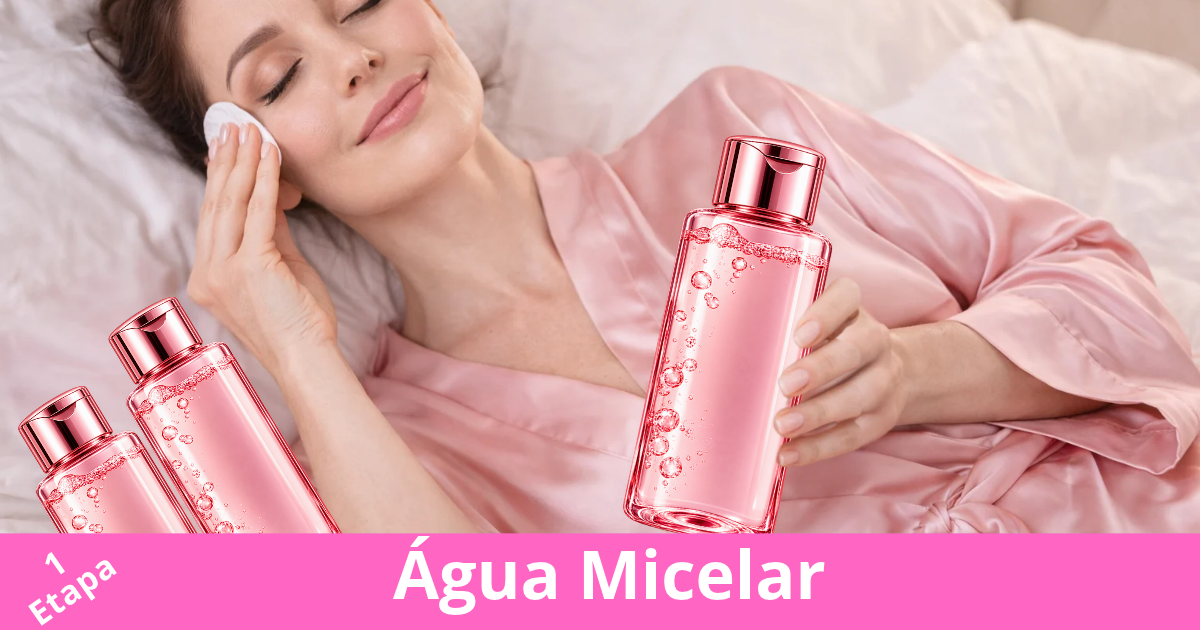 Água micelar para rugas sendo aplicada no rosto para limpeza suave e preparação da pele para cuidados anti rugas