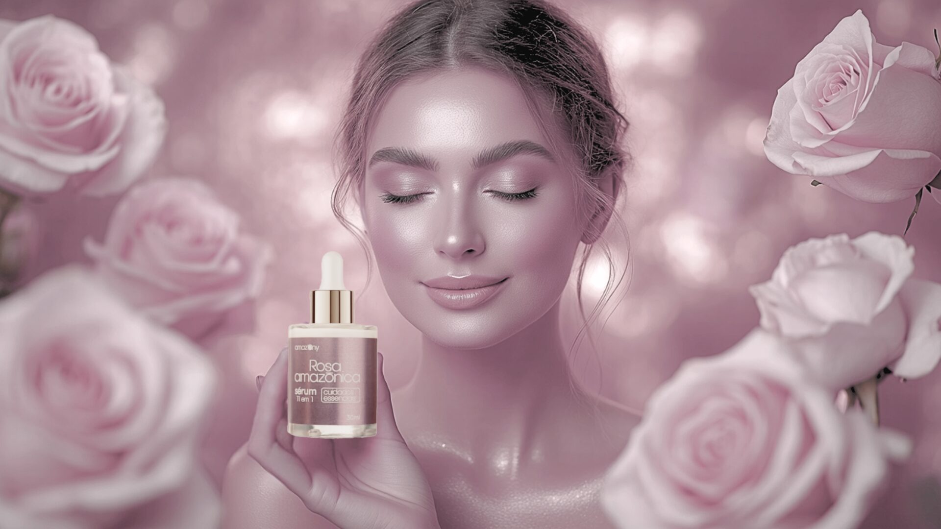 Mulher radiante segurando o Sérum Antirugas Rosa Amazonica, rodeada por rosas suaves, em ambiente iluminado.