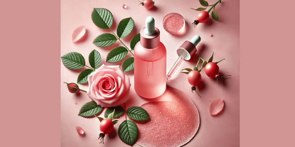 Frasco de óleo de rosa mosqueta rodeado por folhas, frutos e uma rosa, simbolizando seus benefícios para diferentes tipos de pele.