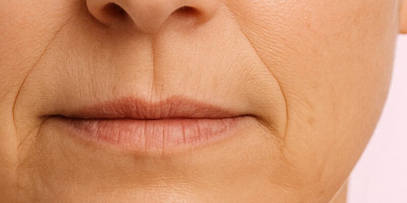 Close-up do bigode chinês, uma linha de expressão comum causada pela perda de colágeno, firmeza e elasticidade da pele ao redor da boca.