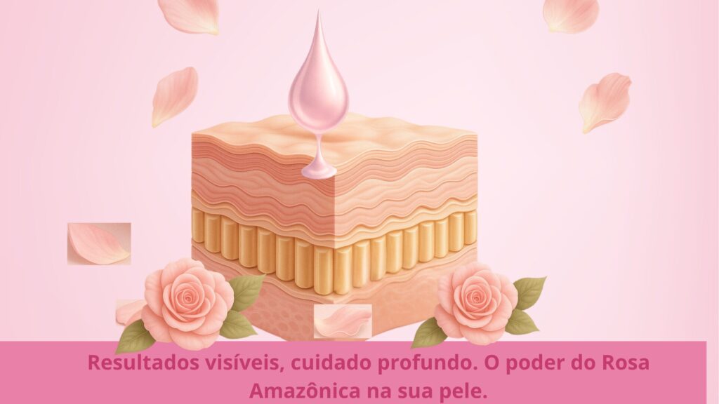 Ilustração das camadas da pele destacando como o Ácido Hialurônico, Colágeno Verisol, Rosa Mosqueta e Retinol trabalham juntos para suavizar as rugas e proporcionar firmeza.