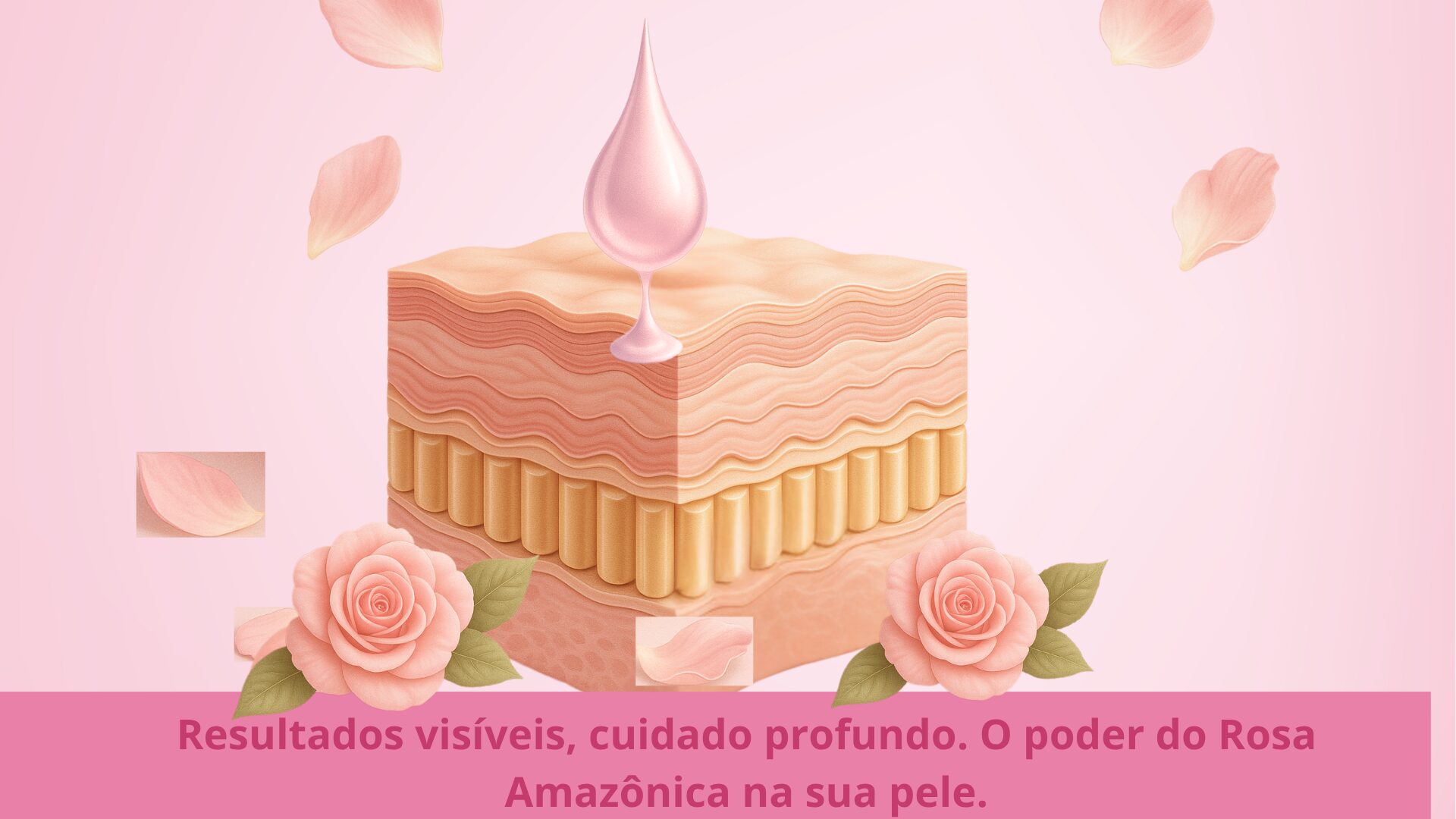 Ilustração das camadas da pele destacando como o Ácido Hialurônico, Colágeno Verisol, Rosa Mosqueta e Retinol trabalham juntos para suavizar as rugas e proporcionar firmeza.