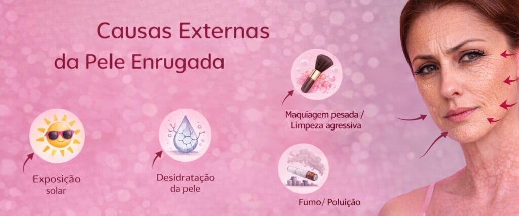 Causas externas da pele enrugada no rosto como exposição solar, desidratação da pele, maquiagem pesada, limpeza agressiva e poluição.
