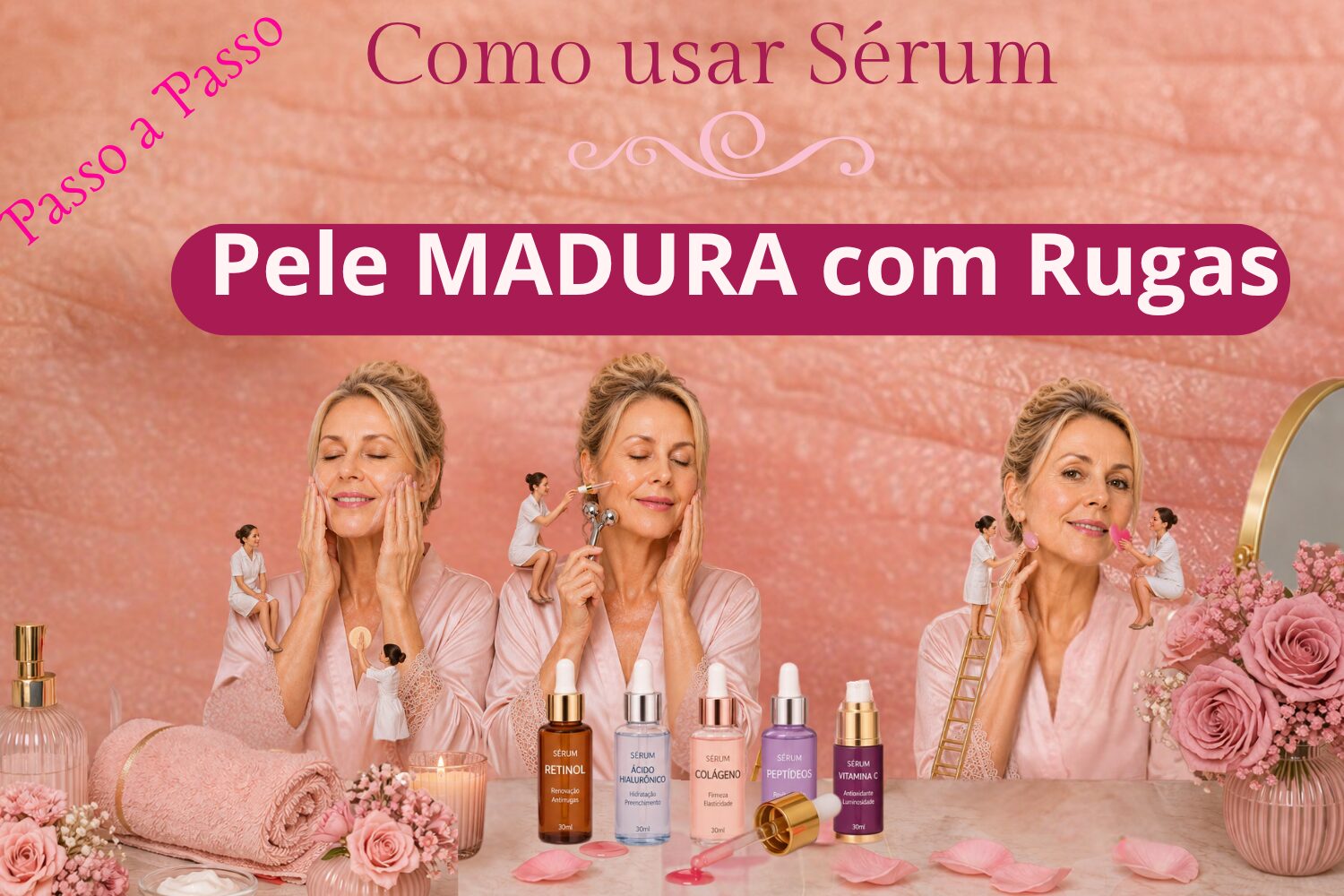 Como usar Rosa Amazônica na pele madura com rugas passo a passo com aplicação de sérum, massageador facial e rotina anti idade para suavizar linhas de expressão.