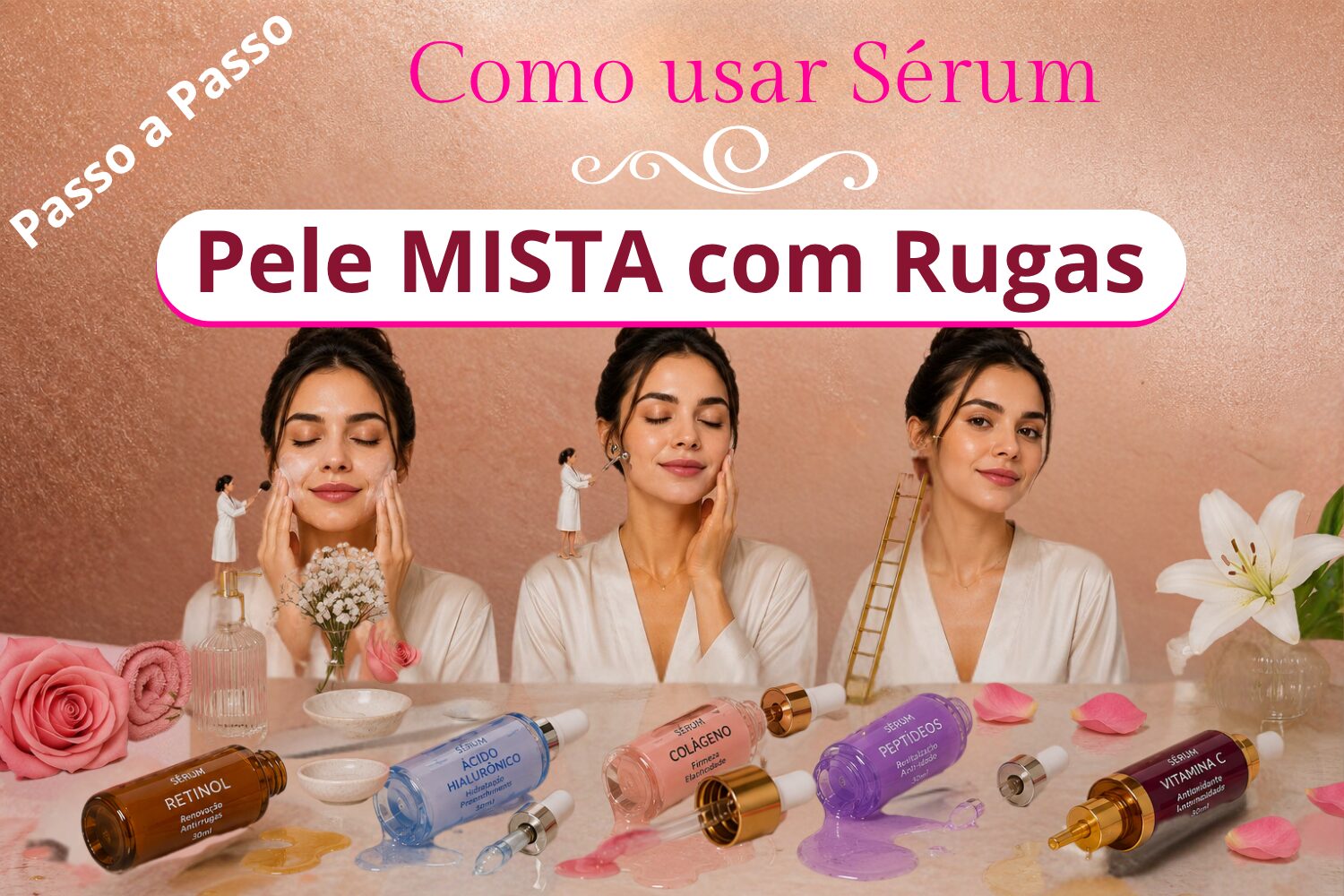 Como usar Serum Facial na pele mista com rugas passo a passo com rotina de skincare anti idade, aplicação de sérum e massageador facial.
