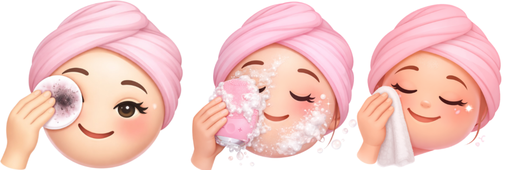 Como usar antirrugas: três etapas de limpeza facial com disco de algodão, espuma de limpeza e toalha macia.