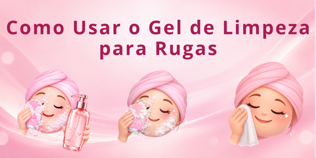 Ilustração mostrando como usar gel limpeza facial em três etapas: aplicação da espuma, limpeza do rosto e secagem suave com toalha.