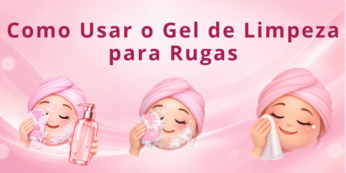 Ilustração mostrando como usar gel limpeza facial em três etapas: aplicação da espuma, limpeza do rosto e secagem suave com toalha.