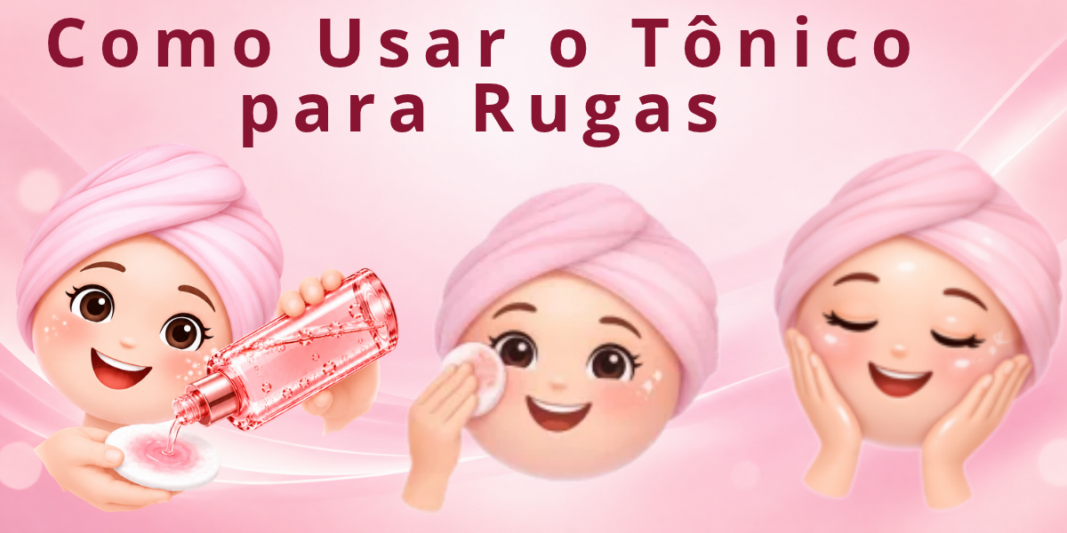 Ilustração mostrando como usar o tônico facial em três etapas: colocar o produto no algodão, aplicar no rosto e finalizar o cuidado com a pele.