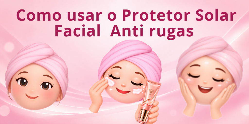 Ilustração mostrando como usar protetor solar facial no rosto com rugas, desde a aplicação do creme até sua distribuição suave na pele.