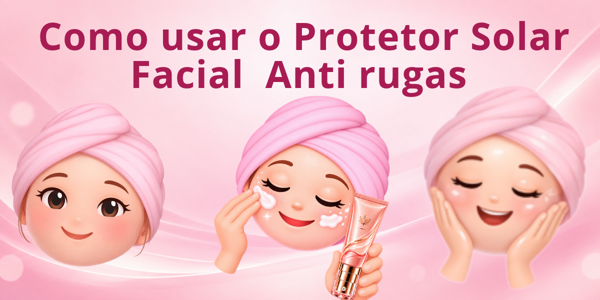 Ilustração mostrando como usar protetor solar facial no rosto com rugas, desde a aplicação do creme até sua distribuição suave na pele.