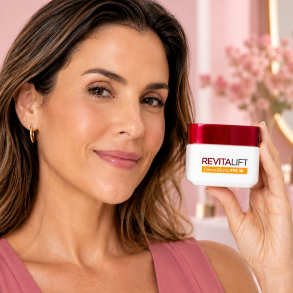 Mulher segurando Creme Facial Revitalift Anti-Idade Antirruga L'Oréal Paris