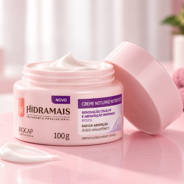 Creme Hidratação para o Rosto Noturno Hidramais aberto com textura cremosa