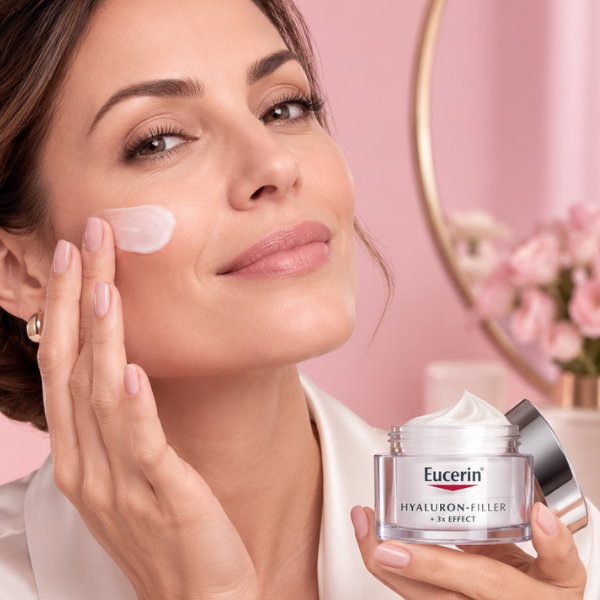 Mulher aplicando Creme Hidratante Facial Antirrugas Eucerin no rosto