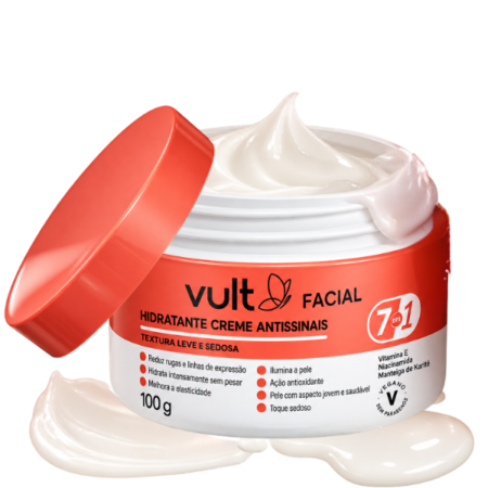 Creme Hidratante Facial Antissinais Vult 7 em 1 com pote aberto e textura do creme
