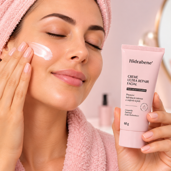 Mulher aplicando Creme Hidratante Facial com Ácido Hialurônico ,Niacinamida, ceramida emHidrabene