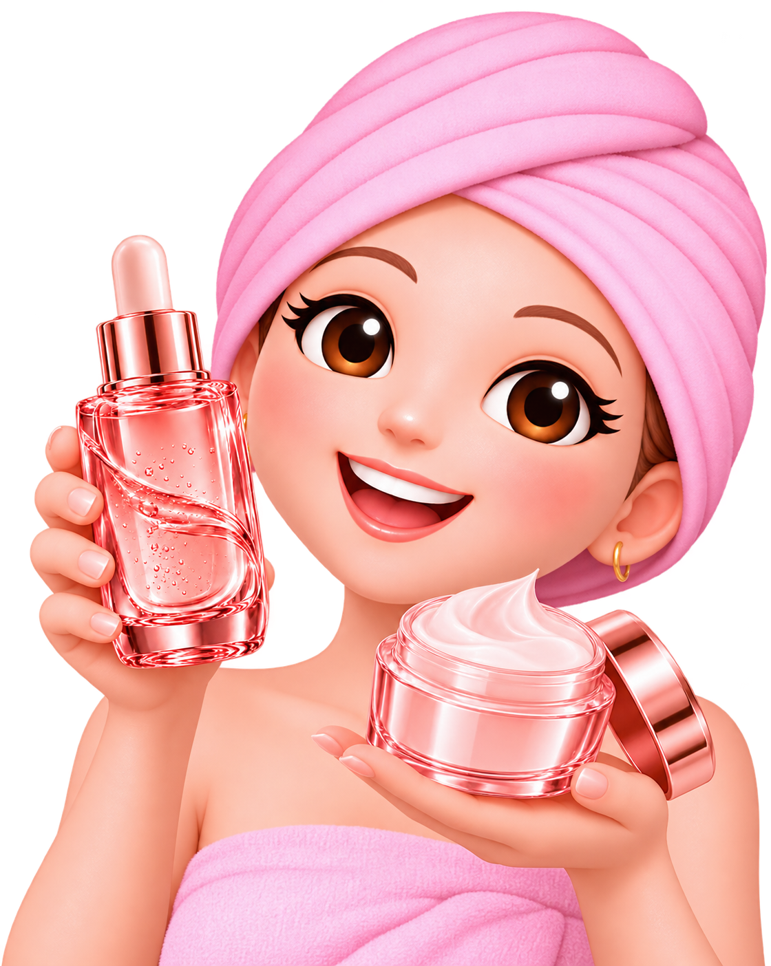 Emoji feminino aplicando o Sérum e creme anti rugas com conta-gotas para cuidados faciais e rejuvenescimento da pele.